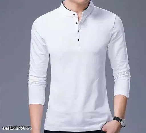 Men Solid Mandarin Collar Polyester T-Shirt | Men Full Sleeve Casual Regular Fit T Shirt