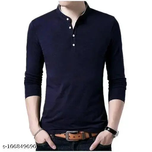 Men Solid Mandarin Collar Polyester T-Shirt | Men Full Sleeve Casual Regular Fit T Shirt